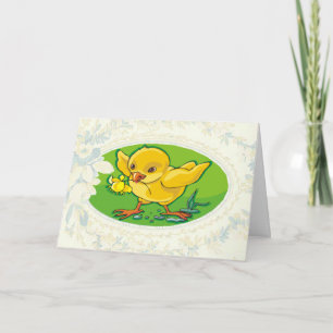 Chick som ger ett Påsk-kort i blomman Helgkort