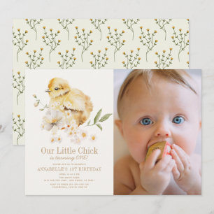 Chick Watercolor Blommigt Girl 1:a födelsedagsfoto Inbjudningar