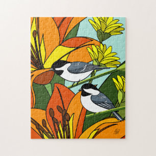 Chickadee and Flowers Pussel