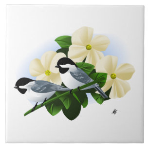Chickadee and Flowers Tiles Kakelplatta