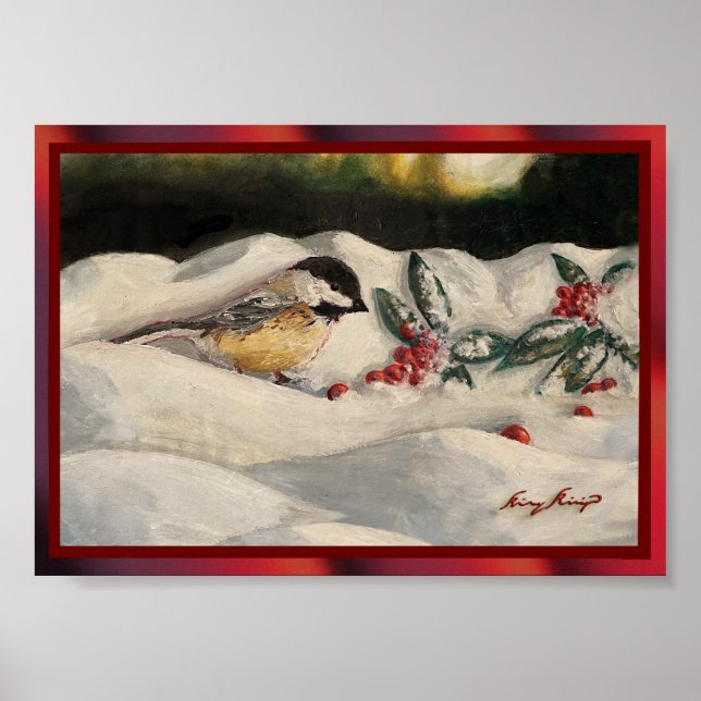 Chickadee and Mistletoe on Christmas Winter Snow P Poster (Framsidan)