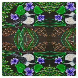 Chickadee and Violets Fabric Tyg