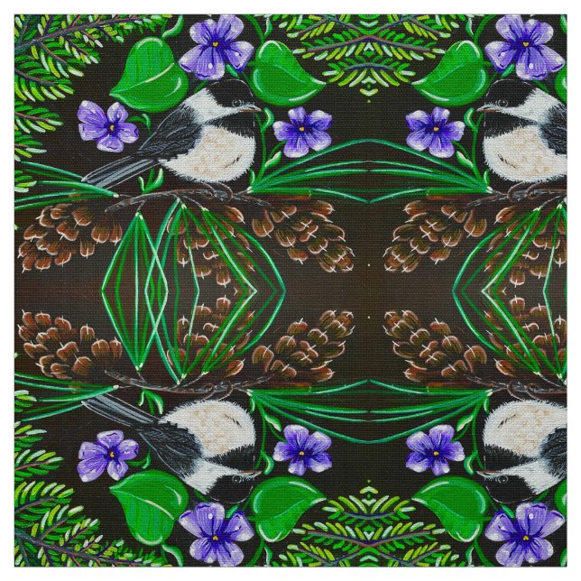 Chickadee and Violets Fabric Tyg (Provkarta)