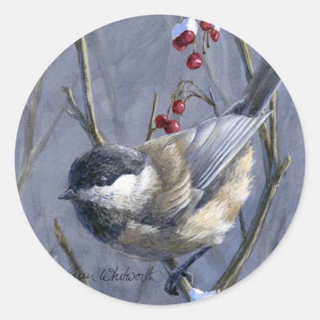 Chickadee & Berries Winter Snö Runt Klistermärke (Framsida)