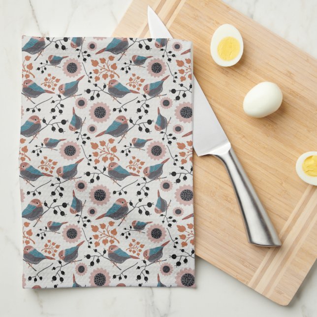 Chickadee Bird and Berry Mönster Blommigt Design K Kökshandduk (Vikt i Fjärdedel)