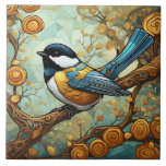 Chickadee Bird Art nouveau Art Deco Underbar Tit Kakelplatta<br><div class="desc">Kycklingfågel från art nouveau, art deco vintage antique, snyggt glamous bird gren, klassiska fåglar, vackra naturturkos teal, myntmålning underbar grönt, gult guld kol från orange, retro 1920-talet stil 1930s, amerikan british trädgårdlife, Mera gustav klimt inspirerad</div>