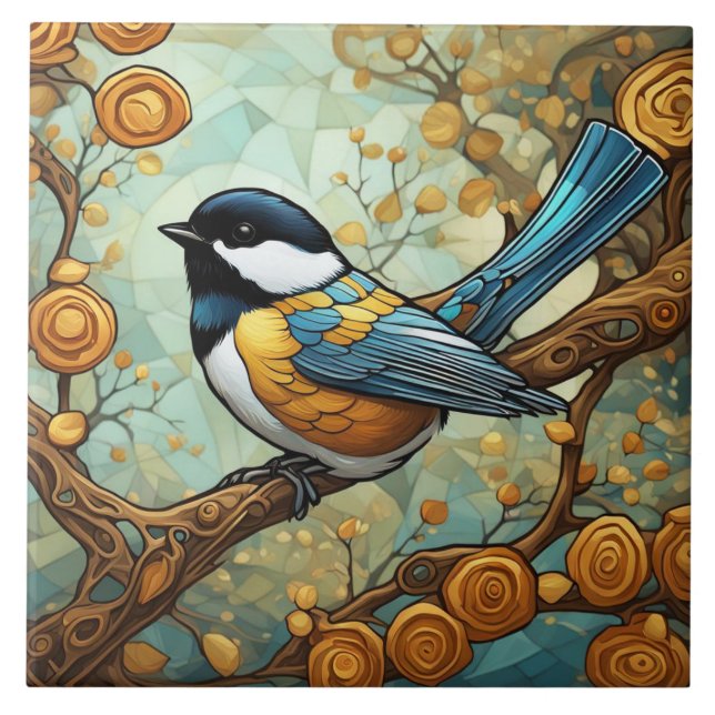 Chickadee Bird Art nouveau Art Deco Underbar Tit Kakelplatta (Framsidan)