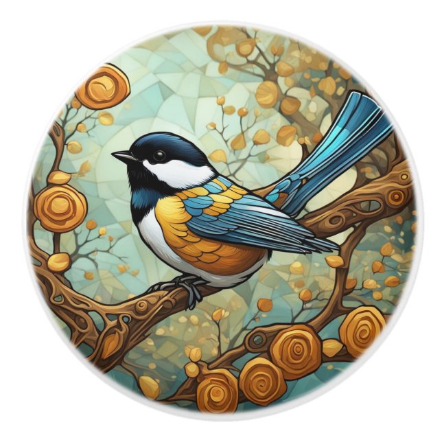 Chickadee Bird Art nouveau Art Deco Underbar Tit Knopp (Framsidan)
