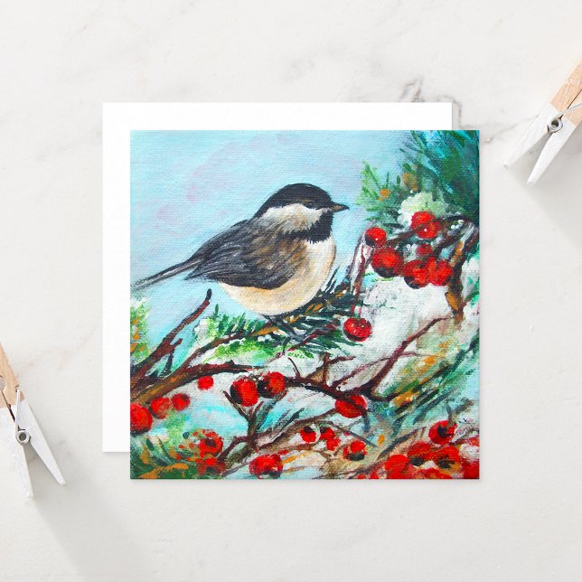Chickadee Bird Berries Art Card Kort (Chickadee Black Capped Art from Jenn's Emporium. )