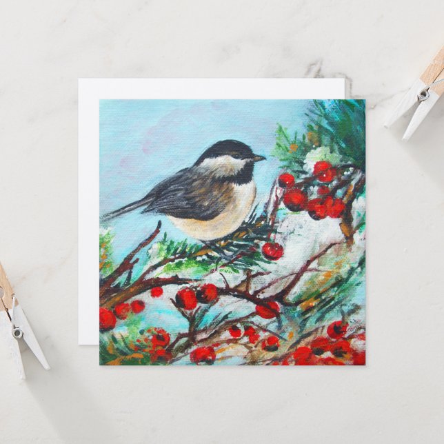 Chickadee Bird Berries Art Card Kort (Fram/Back In Situ)