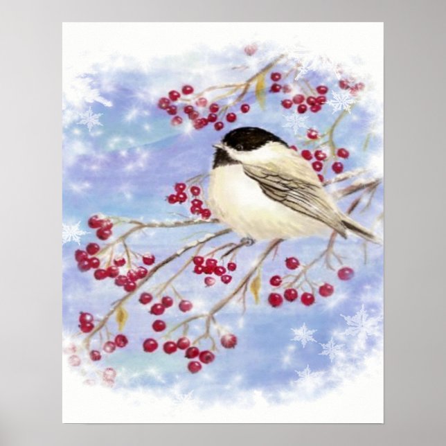 Chickadee Bird Berries Frosty Window Winter art Poster (Framsidan)