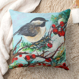 Chickadee Bird Berries Winter Art Kudde