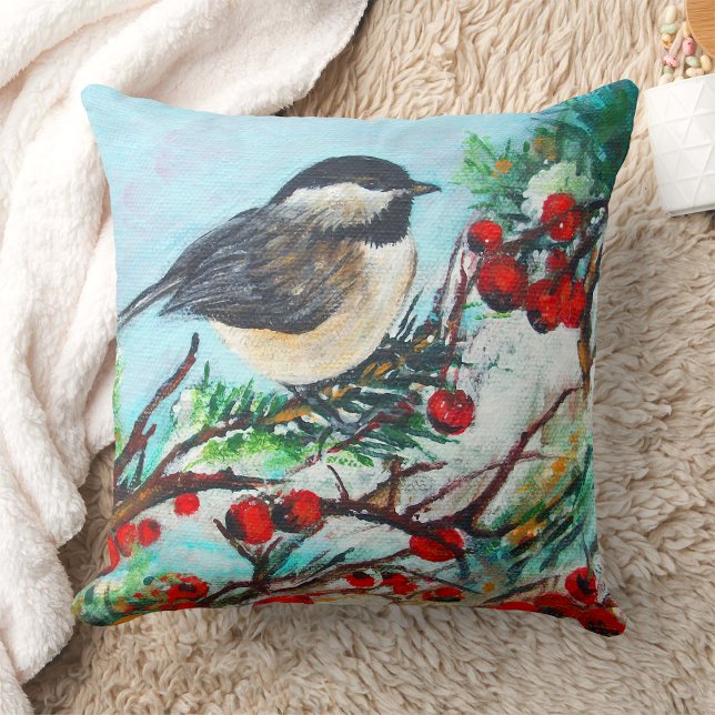 Chickadee Bird Berries Winter Art Kudde (Chickadee Bird Berries Winter Art Throw Pillow from Jenn's Emporium. )