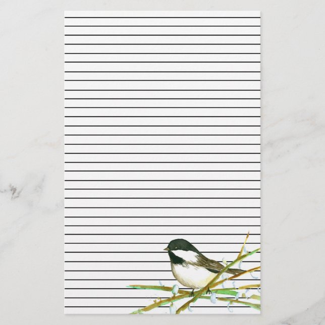 Chickadee Bird Catkins Willow Grenar Lined Brevpapper (Framsida)