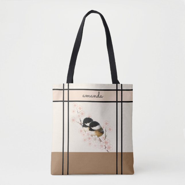 Chickadee Bird Cherry Blommar Tote Bag Tygkasse (Framsida)