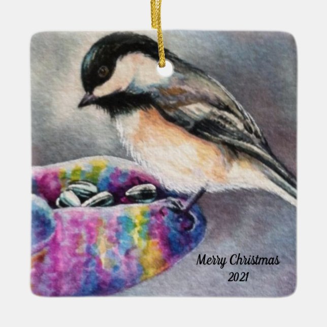 Chickadee Bird Eats from Hand Watercolor Art Julgransprydnad Keramik (Framsida)