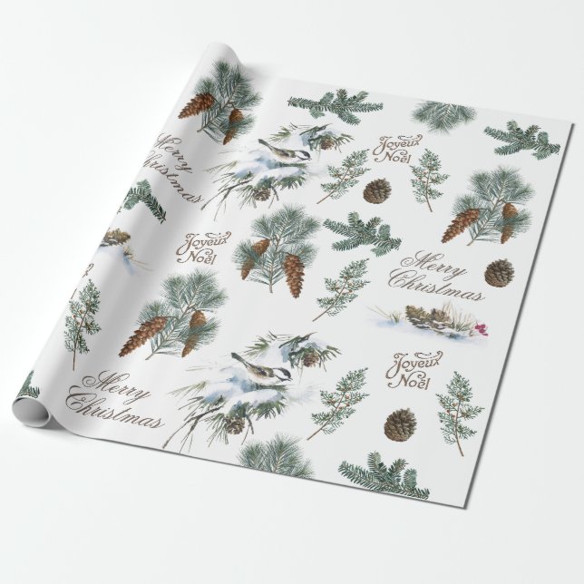 Chickadee Bird Evergreen God jul Fransk Presentpapper (Utrullad)