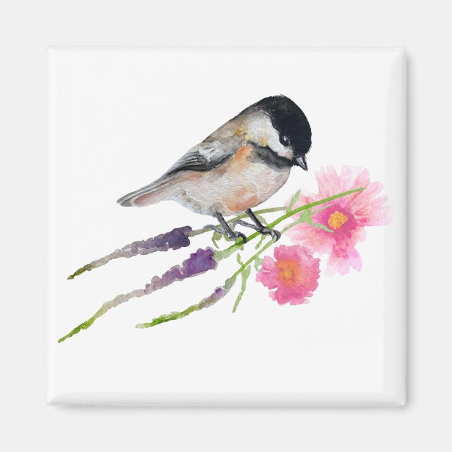 Chickadee Bird Flowers Magnet (Framsidan)