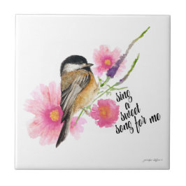 Chickadee Bird Flowers Watercolor Vår Say Kakelplatta