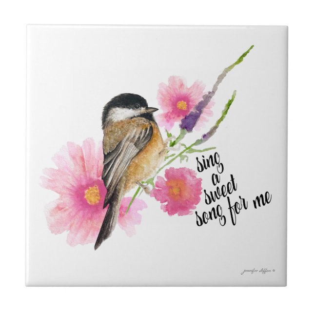 Chickadee Bird Flowers Watercolor Vår Say Kakelplatta (Framsidan)