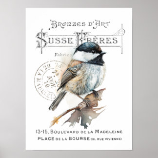 Chickadee Bird Fransk Typography Vintage Printable Poster