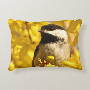 Chickadee Bird i Gula blommor accent Pillow Prydnadskudde