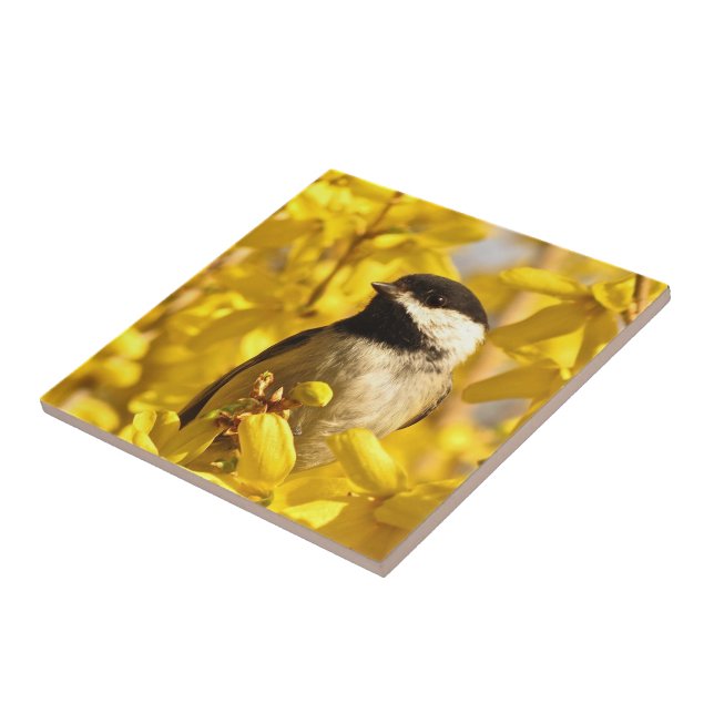 Chickadee Bird i Gula blommor Ceramic Tile Kakelplatta (Sidan)