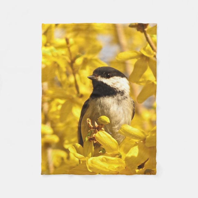 Chickadee Bird i Gula blommor Fleece Blanket (Framsidan)