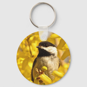 Chickadee Bird i Gula blommor Keychain Nyckelring