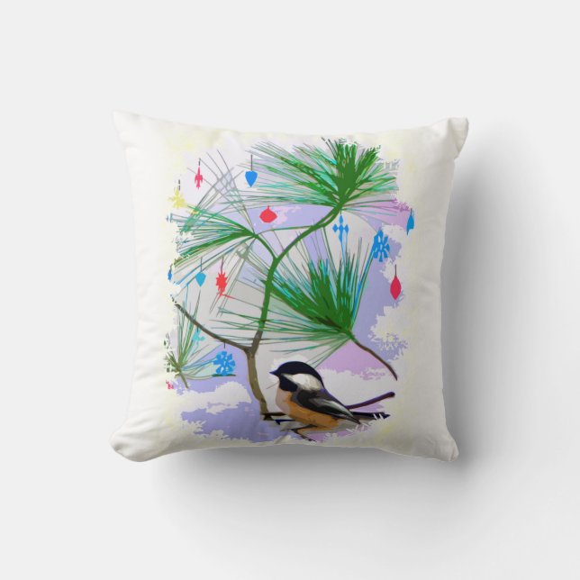 Chickadee Bird i Träd Pillow Kudde (Framsida)