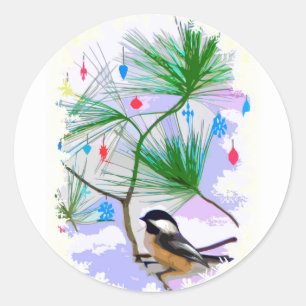 Chickadee Bird i Träd Stickers Runt Klistermärke