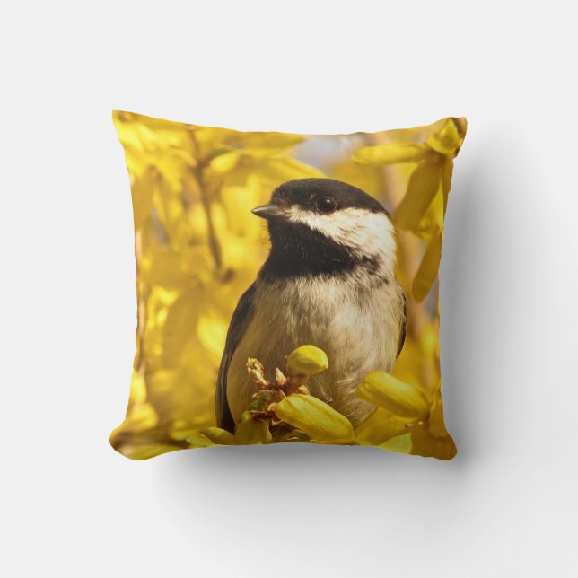 Chickadee Bird in Gult Forsythia Flowers Pillow Kudde (Framsida)