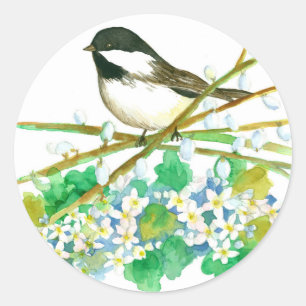 Chickadee Bird May Flower Catkins Willow Grenar Runt Klistermärke