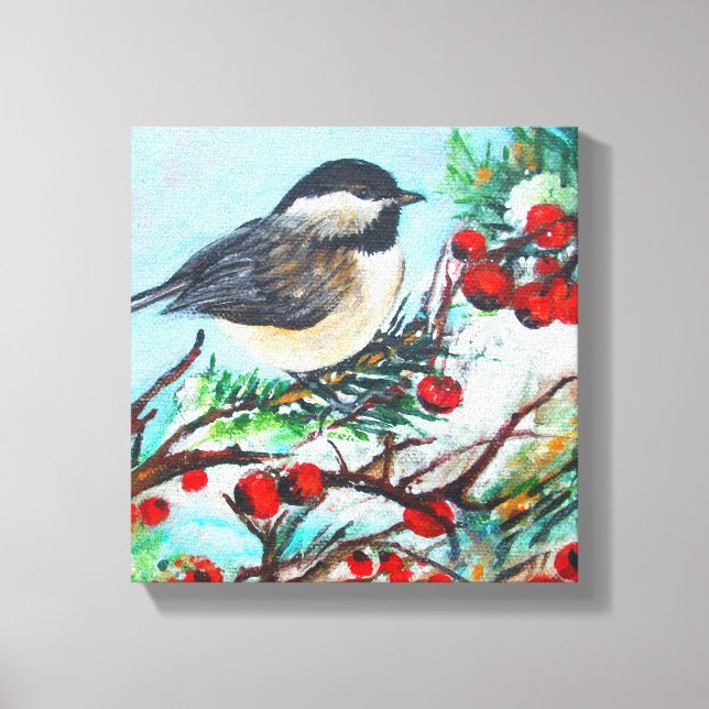 Chickadee Bird med berries vid Gren Canvastryck (Framsida)