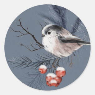 Chickadee Bird on Holly Limb Runt Klistermärke