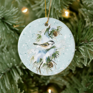 Chickadee Bird Pinecone Snö Winter jul Teal Julgransprydnad Keramik
