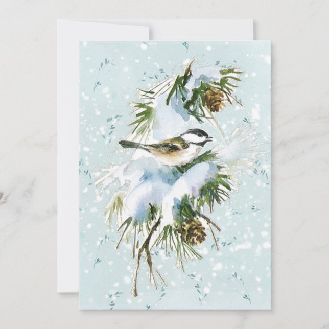 Chickadee Bird Pinecone Snö Winter jul Teal Julkort (Framsida)