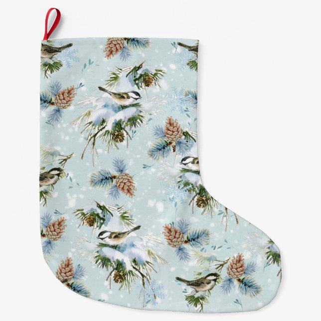 Chickadee Bird Pinecone Snö Winter jul Teal Stor Julstrumpa (Framsidan)
