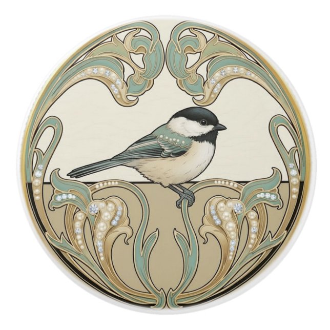 Chickadee Bird Sage Green & Gold Art Deco Nouveau Knopp (Framsidan)