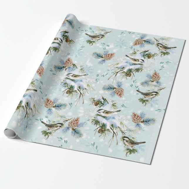 Chickadee Bird Snö Pinecone Woodland jul Presentpapper (Utrullad)