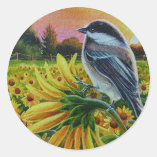 Chickadee Bird Solros Farm Watercolor Art Runt Klistermärke