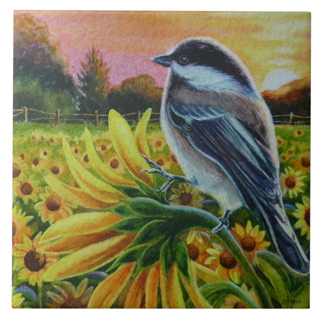 Chickadee Bird Sunblommor Farm Watercolor Art Kakelplatta (Framsidan)