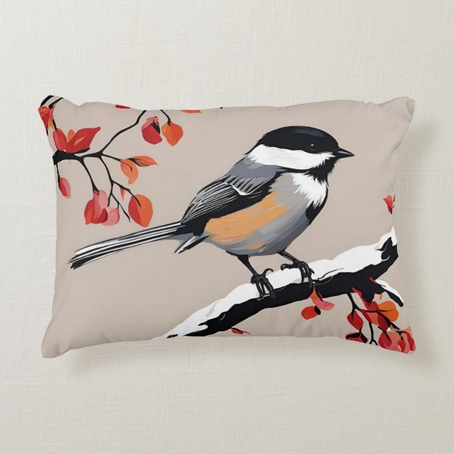Chickadee Bird Träd Nature Art Orange Löv Prydnadskudde (Framsidan)