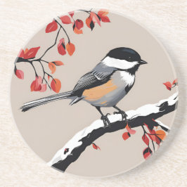 Chickadee Bird Träd Nature Art Orange Löv Underlägg