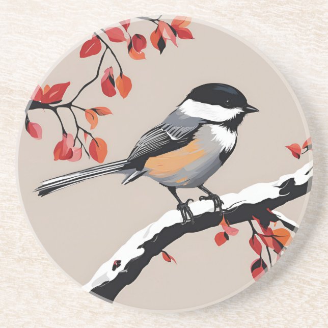 Chickadee Bird Träd Nature Art Orange Löv Underlägg (Framsidan)