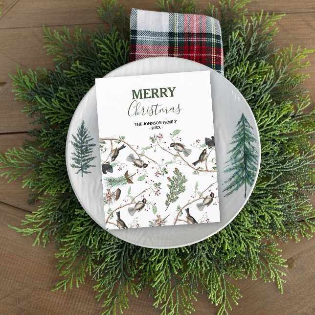 Chickadee Birds Berries & Pinecones jul Helg Vykort (Chickadee Birds Berries & Pinecones Christmas Holiday Postcard)