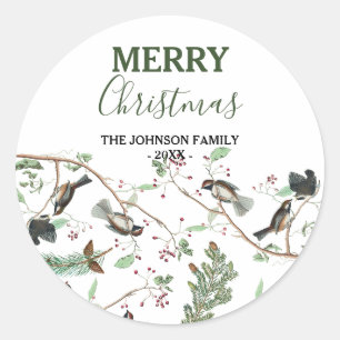 Chickadee Birds Berries & Pinecones jul Runt Klistermärke