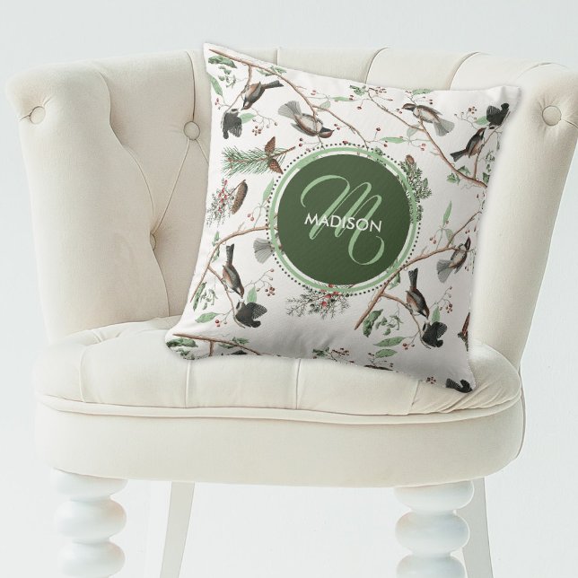 Chickadee Birds Berries & Pinecones Monogrammed Kudde (Chickadee Birds Berries & Pinecones Monogrammed Throw Pillow)