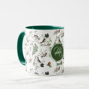 Chickadee Birds Berries & Pinecones Monogrammed Mugg