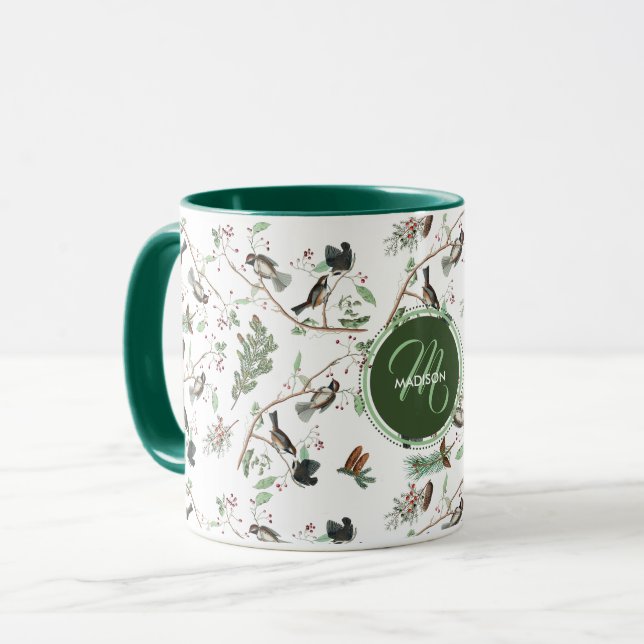 Chickadee Birds Berries & Pinecones Monogrammed Mugg (Framsida vänster)